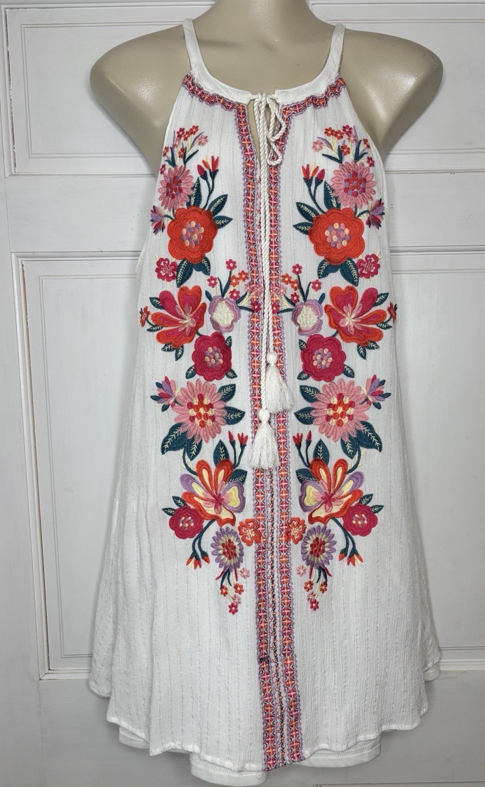 Savanna Jane Women Large White Shift Dress Floral Embroidered Halter Tassel Boho