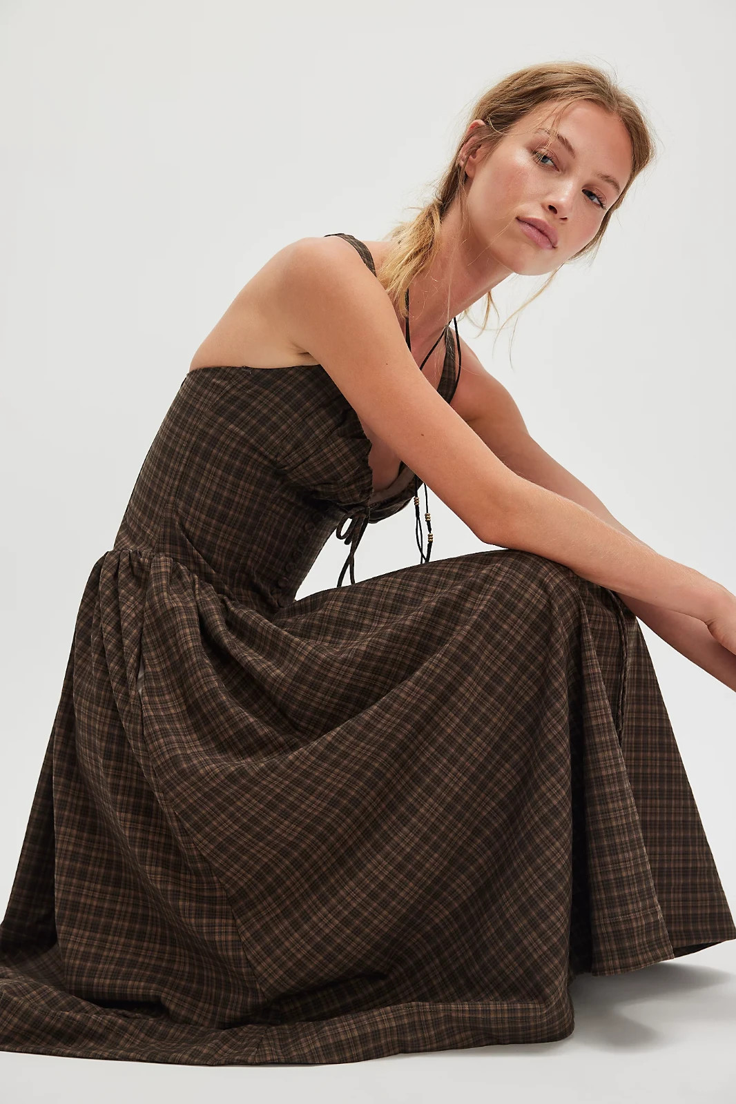 NWT For Love & Lemons University Plaid Midi Dress Brown Drop Waist Size XSP