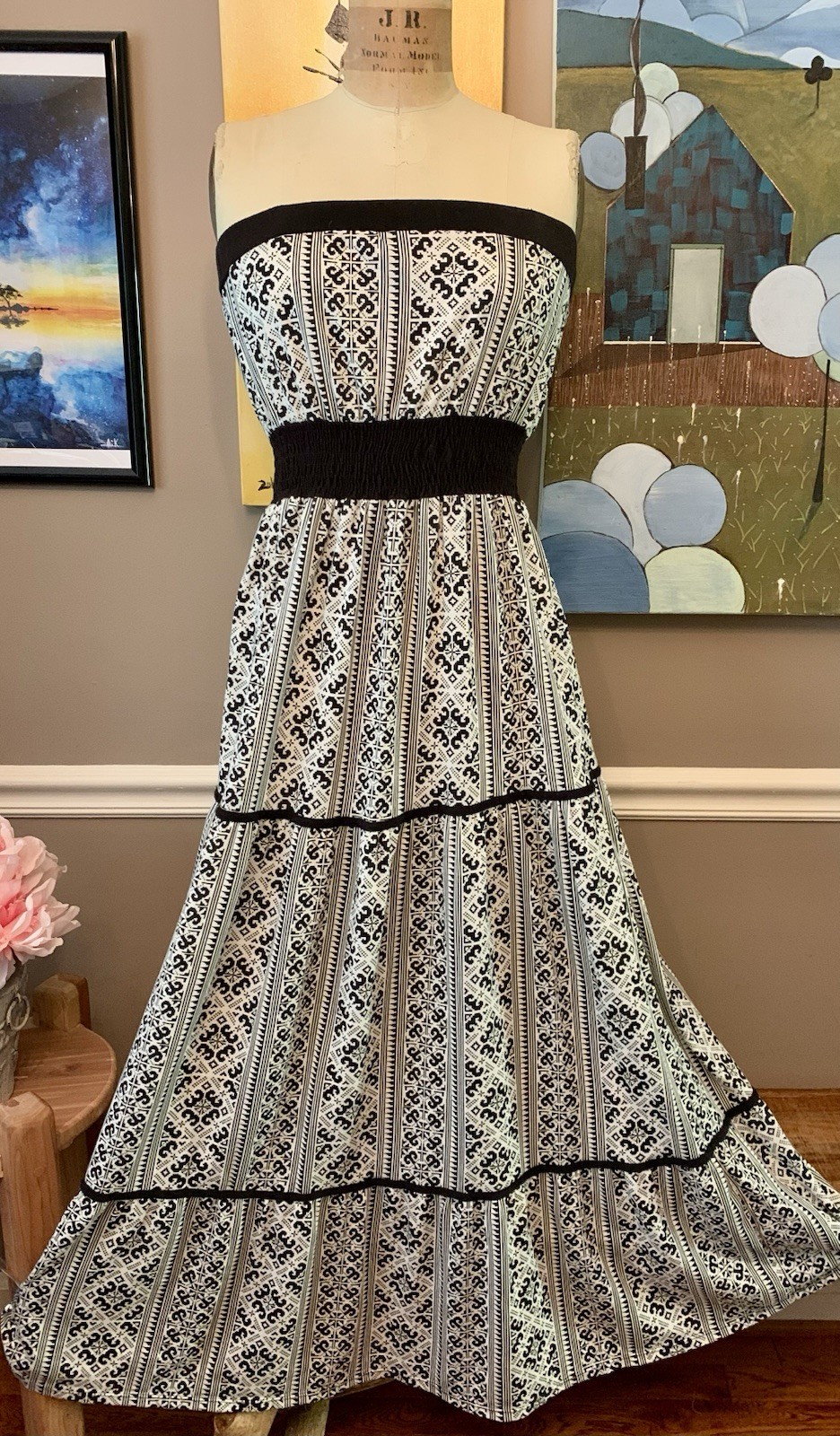Vintage Y2K Energie Strapless Geometric Print Tiered Maxi Dress L