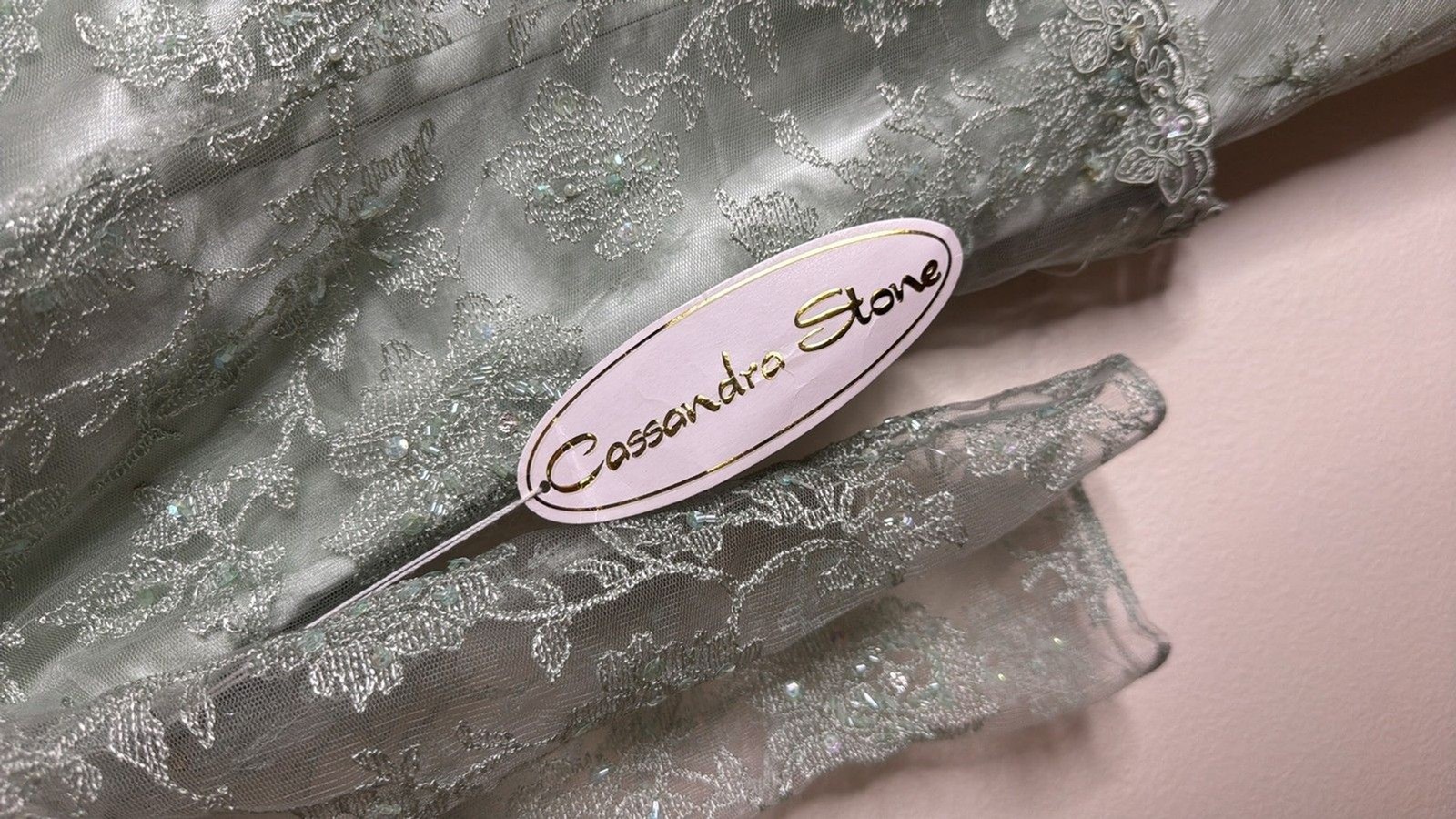 vtg Cassandra Stone Dress Womens 8 Sage Green Lace Gown Formal Evening Beaded