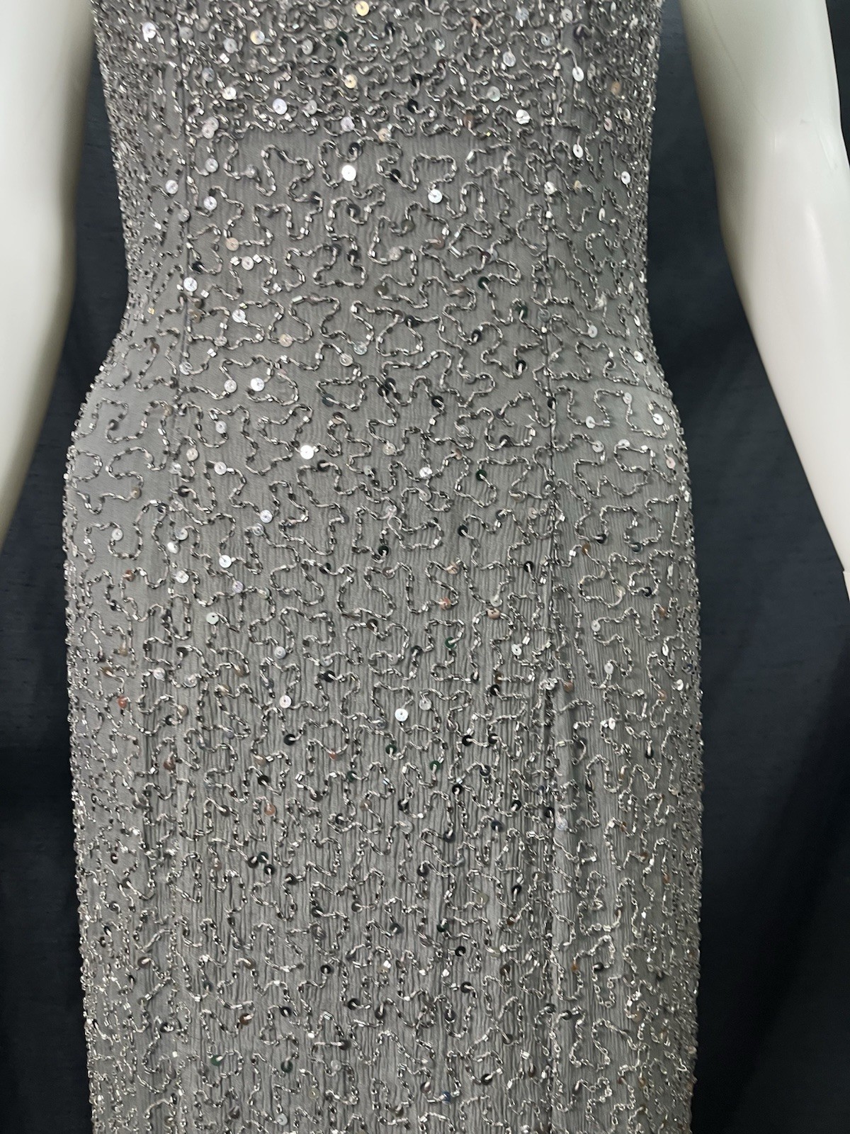 Creative Creations Beaded Silk Gown Dress Gray Sleeveless Long Sz Like S Heavy