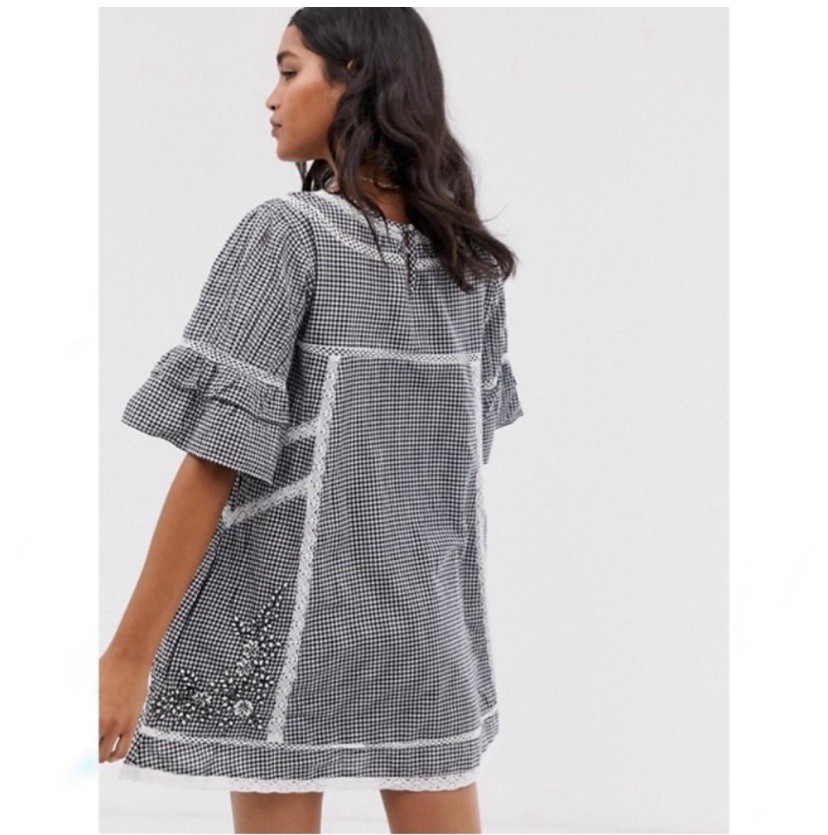 Free People Sunny Day Gingham Embroidered Floral Babydoll Dress Sz M Cottagecore