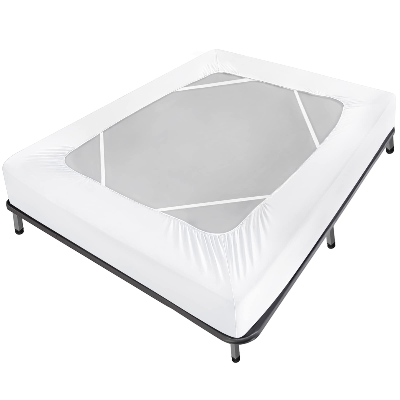 Box Spring Cover Queen Size Bed Skirt Wrap 4 Side, White | Stretch & Snug Fit, U