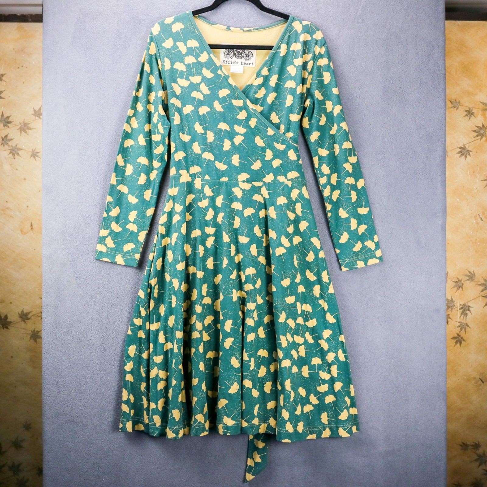 Effie’s Heart Ginko Print Faux Wrap Long Sleeve Cotton Dress L