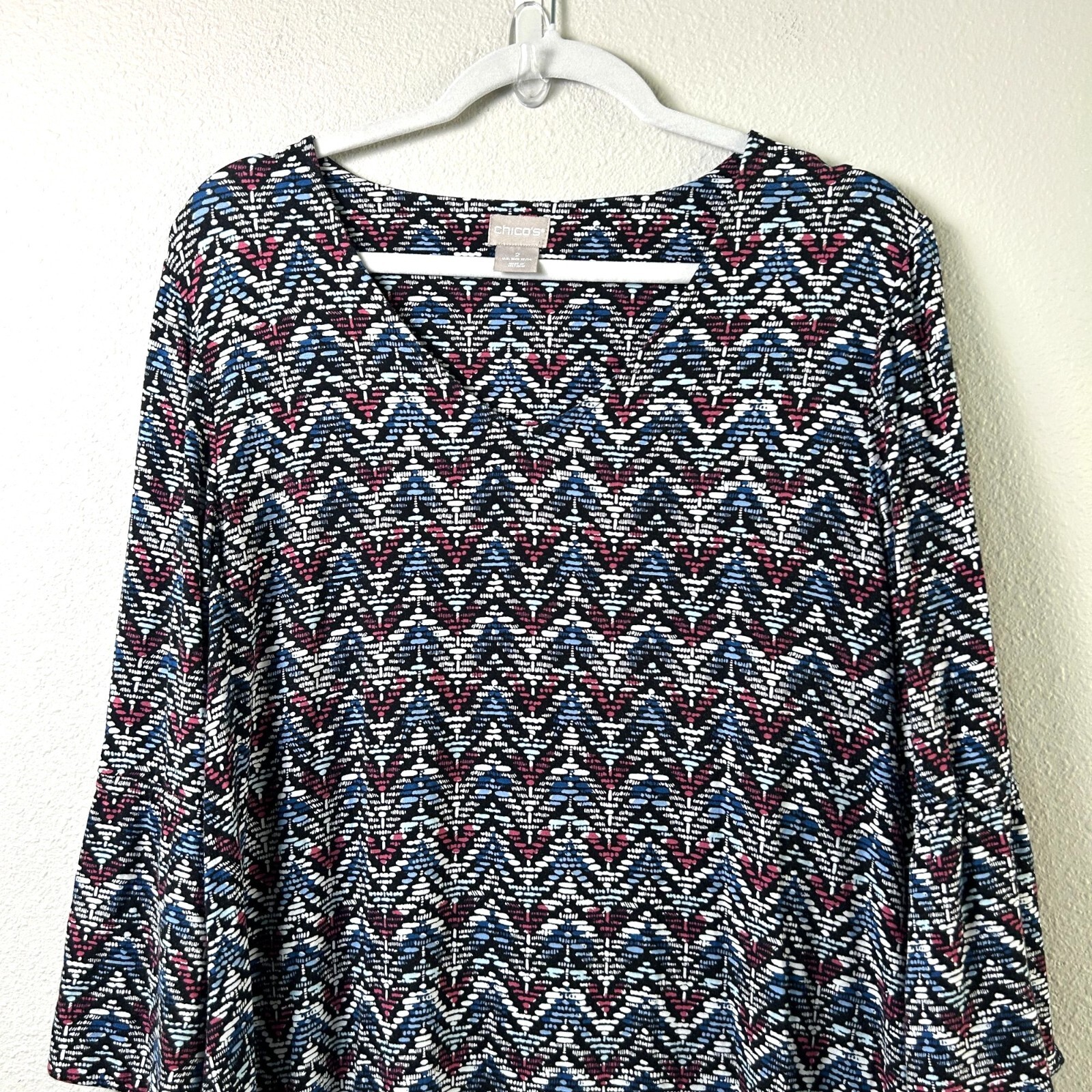 Chicos Midi Dress Womens 2 US 12 14 Black Blue Chevron Bell 3/4 Split Sleeve