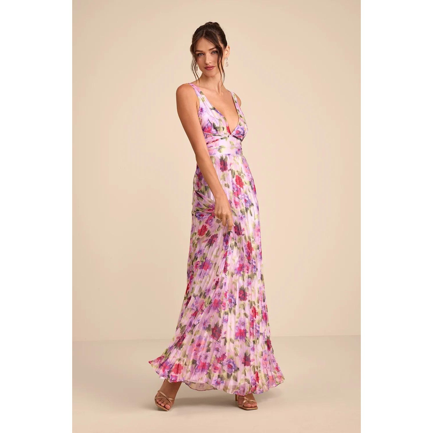 Lulus Morgana Pink Multi Floral Satin Pleated Maxi Dress Size XS
