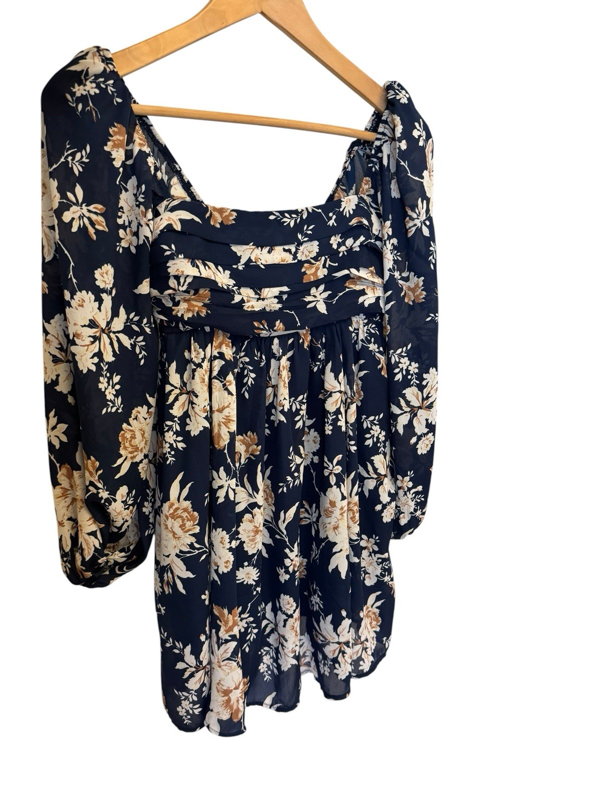 Abercrombie & Fitch XSP Navy Floral Mini Dress Puff Sleeve Smocked Back Square