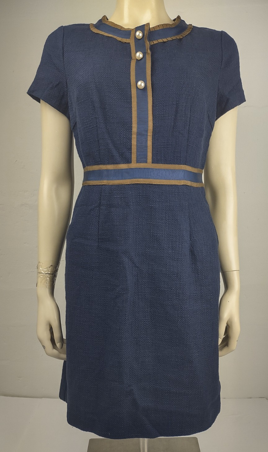 NWT Boden dark blue navy brown Cotton Tweed short sleeve shift dress size 6