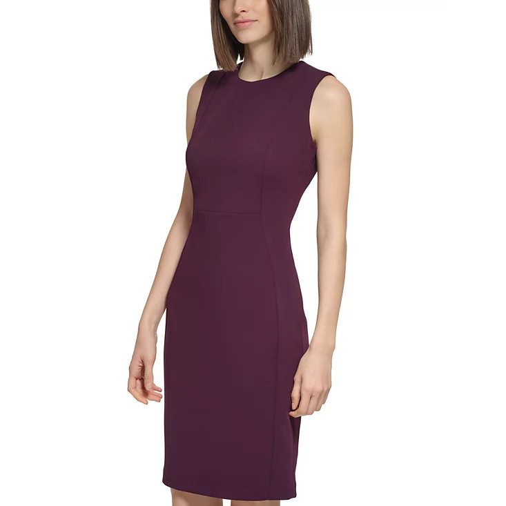 CALVIN KLEIN Seam Front Crew Neck Scuba Crepe Sleeveless Sheath Dress, 2 Purple