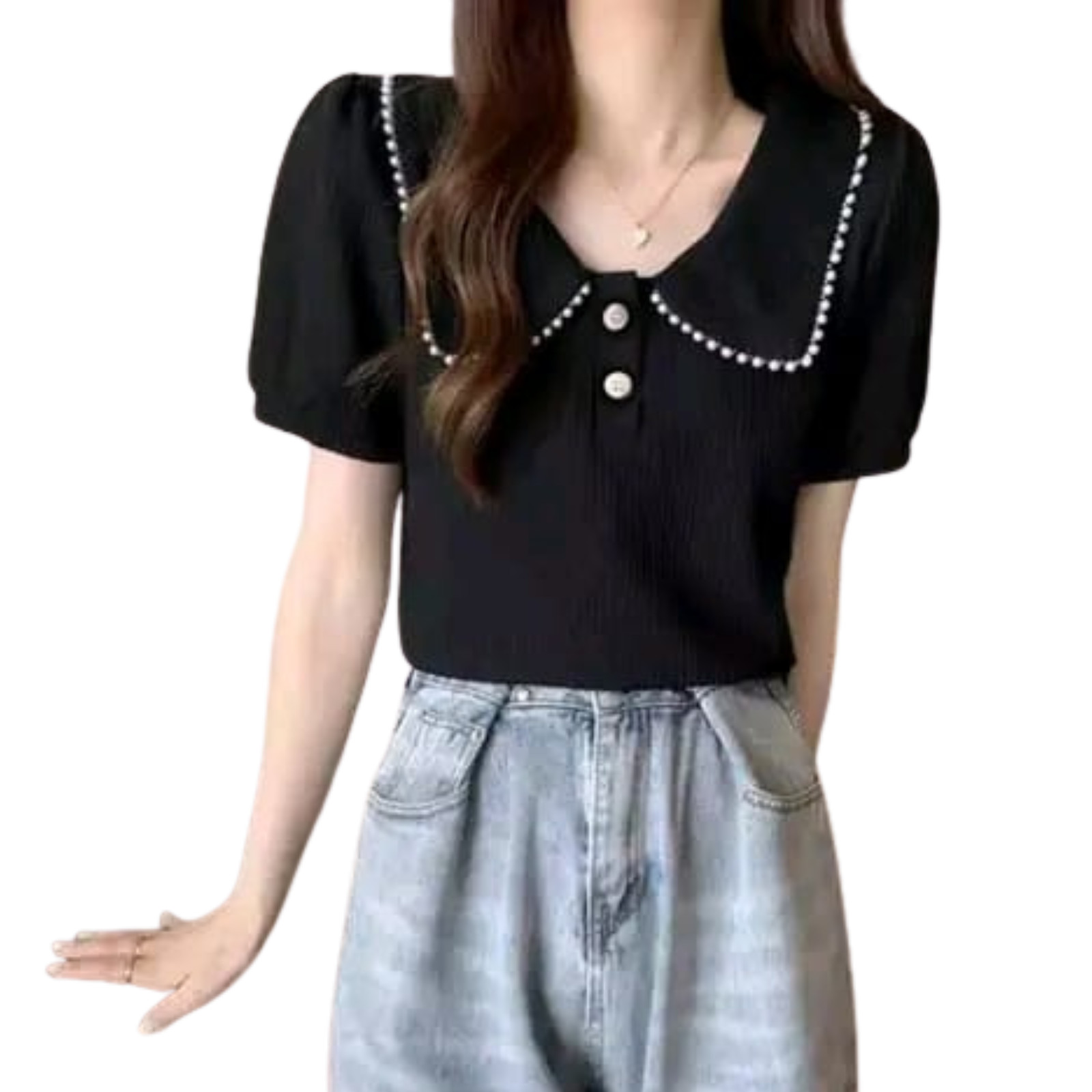 Korean style Black color With Designer Collar Style For Beautiful Women Top