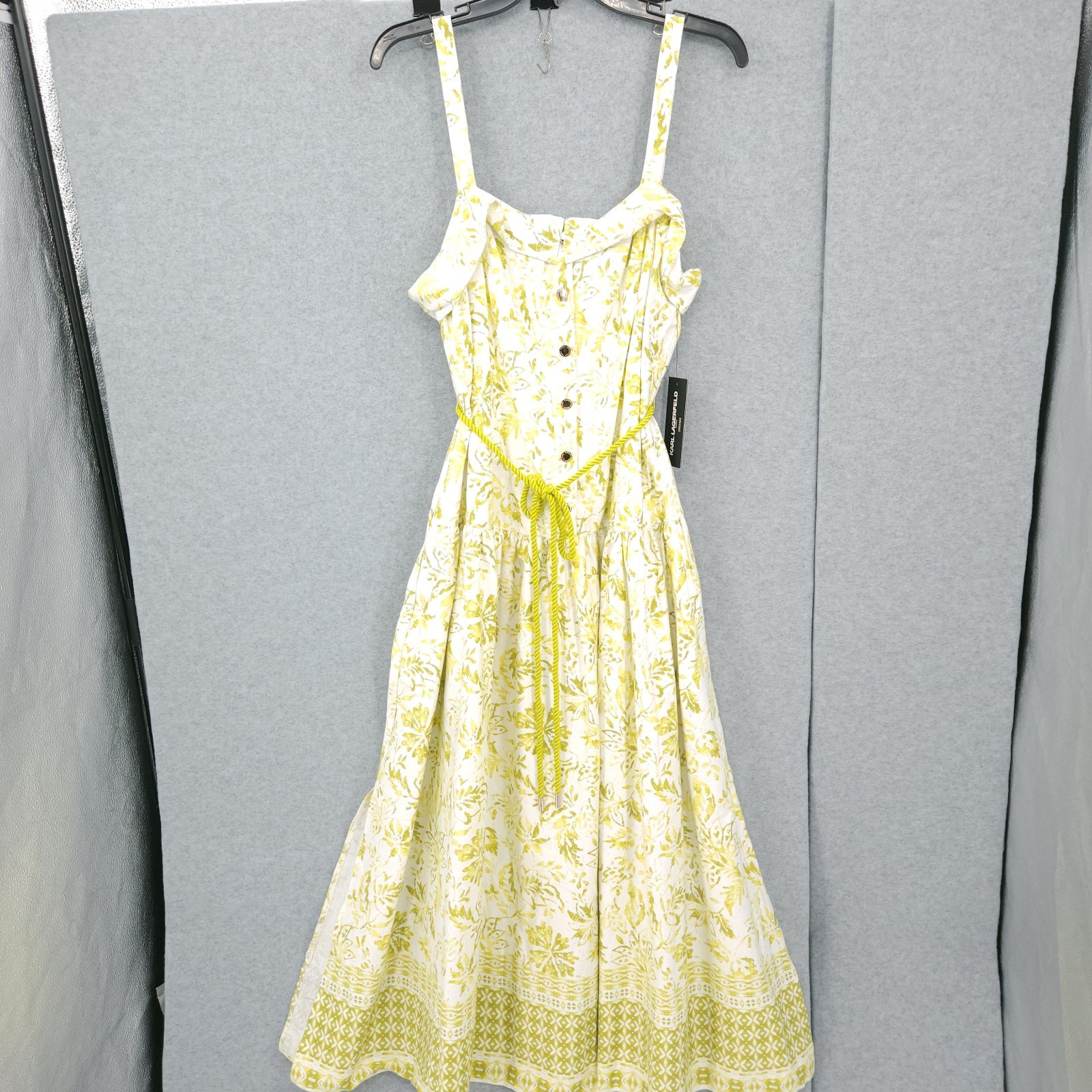 Karl Lagerfeld Square Neck Maxi Dress Rope Belt Floral Green Womens 16 NWT