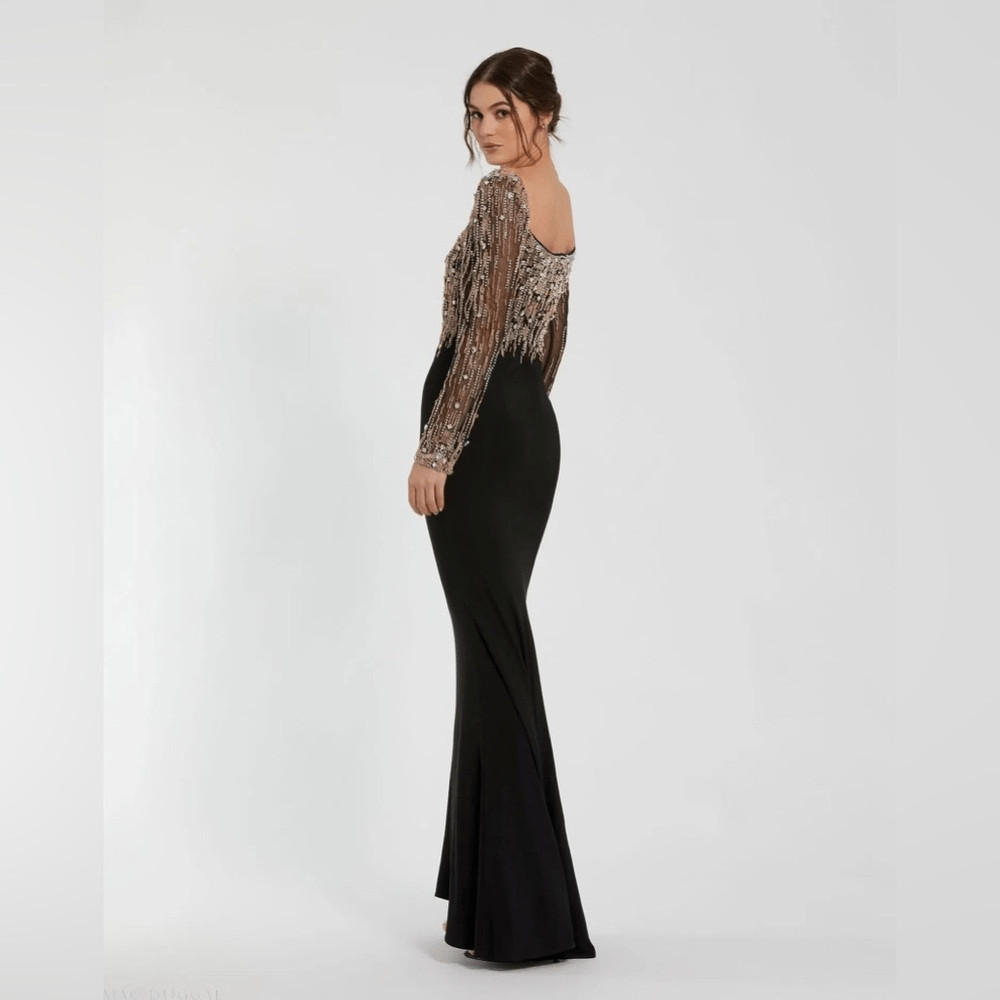 MAC DUGGAL 2256 Black Beaded Square Neck Long Sleeve Jersey Gown Size 8
