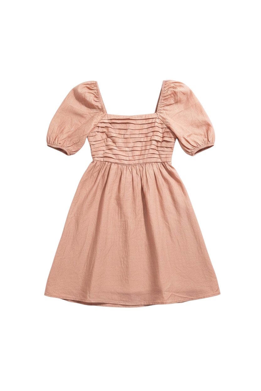 Peach Short Puff Sleeve Dress with Ruffled Bodice