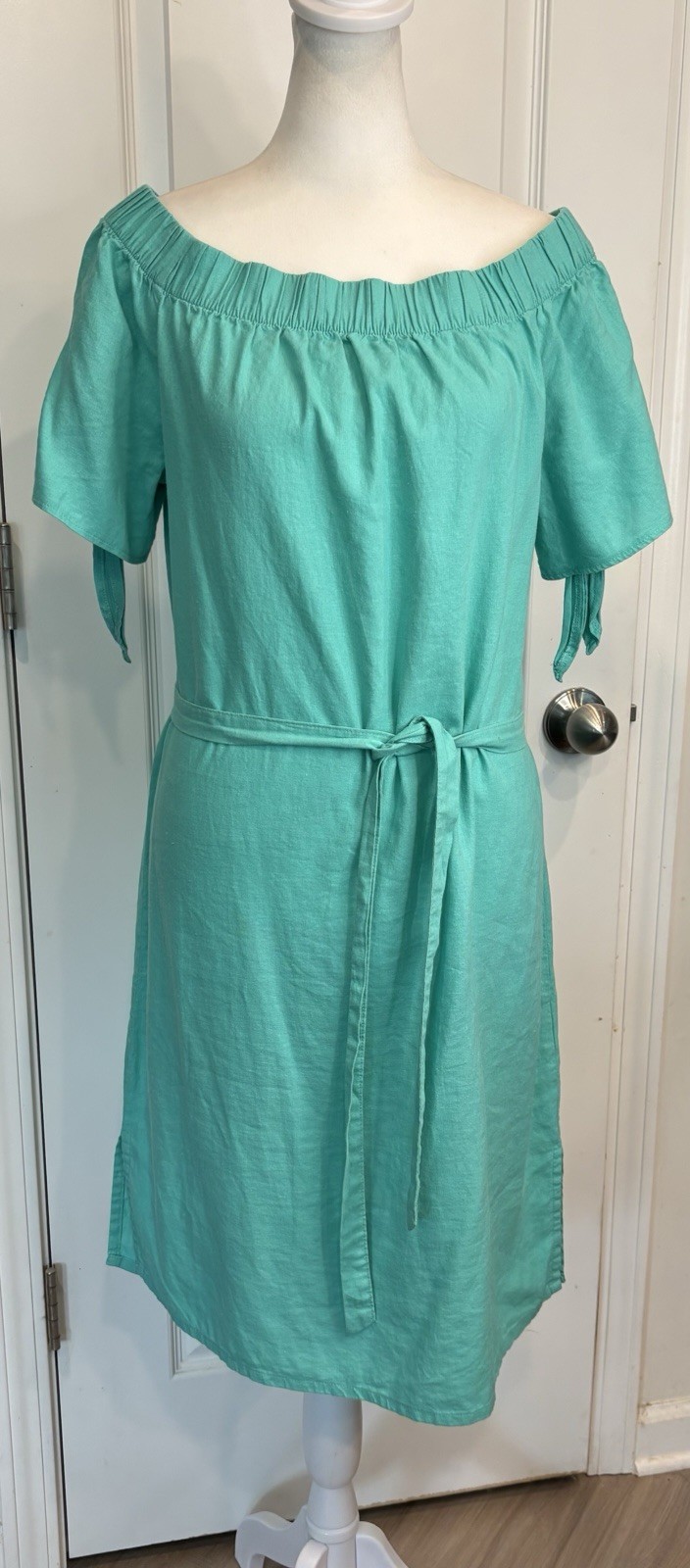Yessica Linen Blend Tie Waist Midi Dress Teal On/Off Shoulder Cottagecore Boho