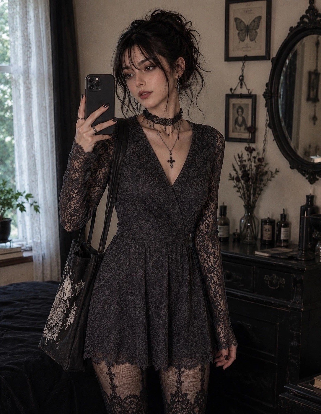 Abercrombie & Fitch Black Lace Long Sleeve Wrap Mini Dress Y2k Whimsgoth XS