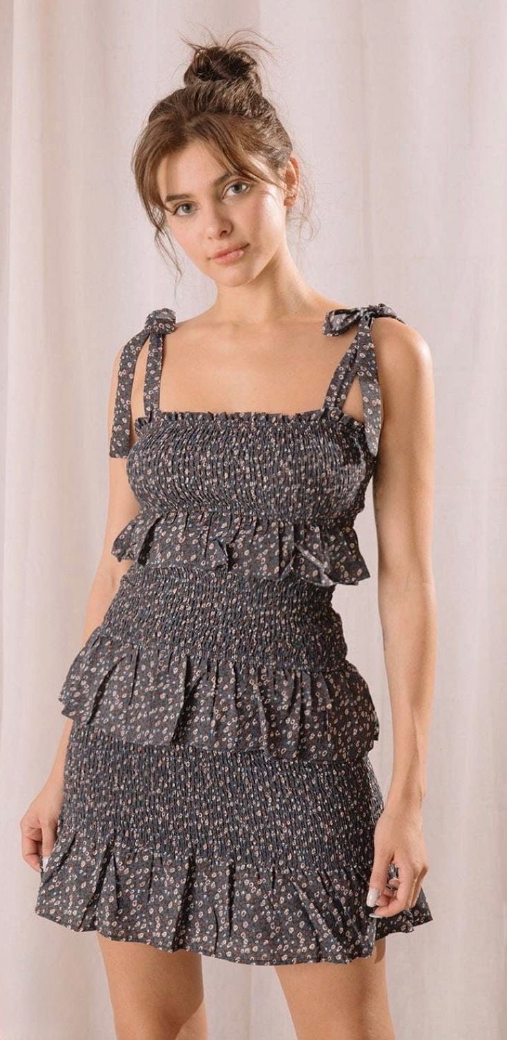 Storia Tiny Flower Print Smocked Mini Dress with Tie Straps