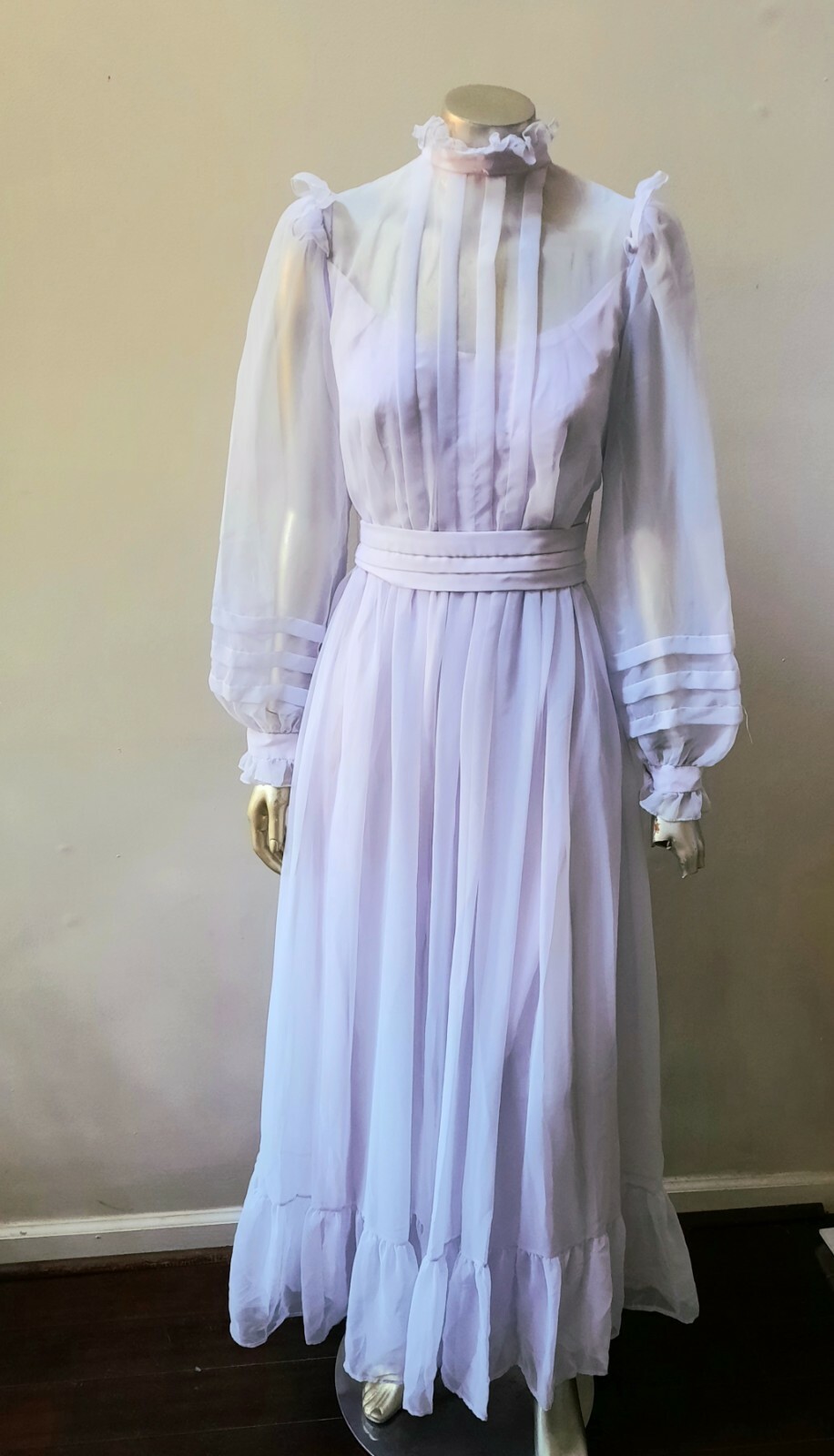 VTG PRAIRIE COTTAGECORE WEDDING MOD BISHOP SLEEVES SASH BOW MOD MAXI DRESS sz S