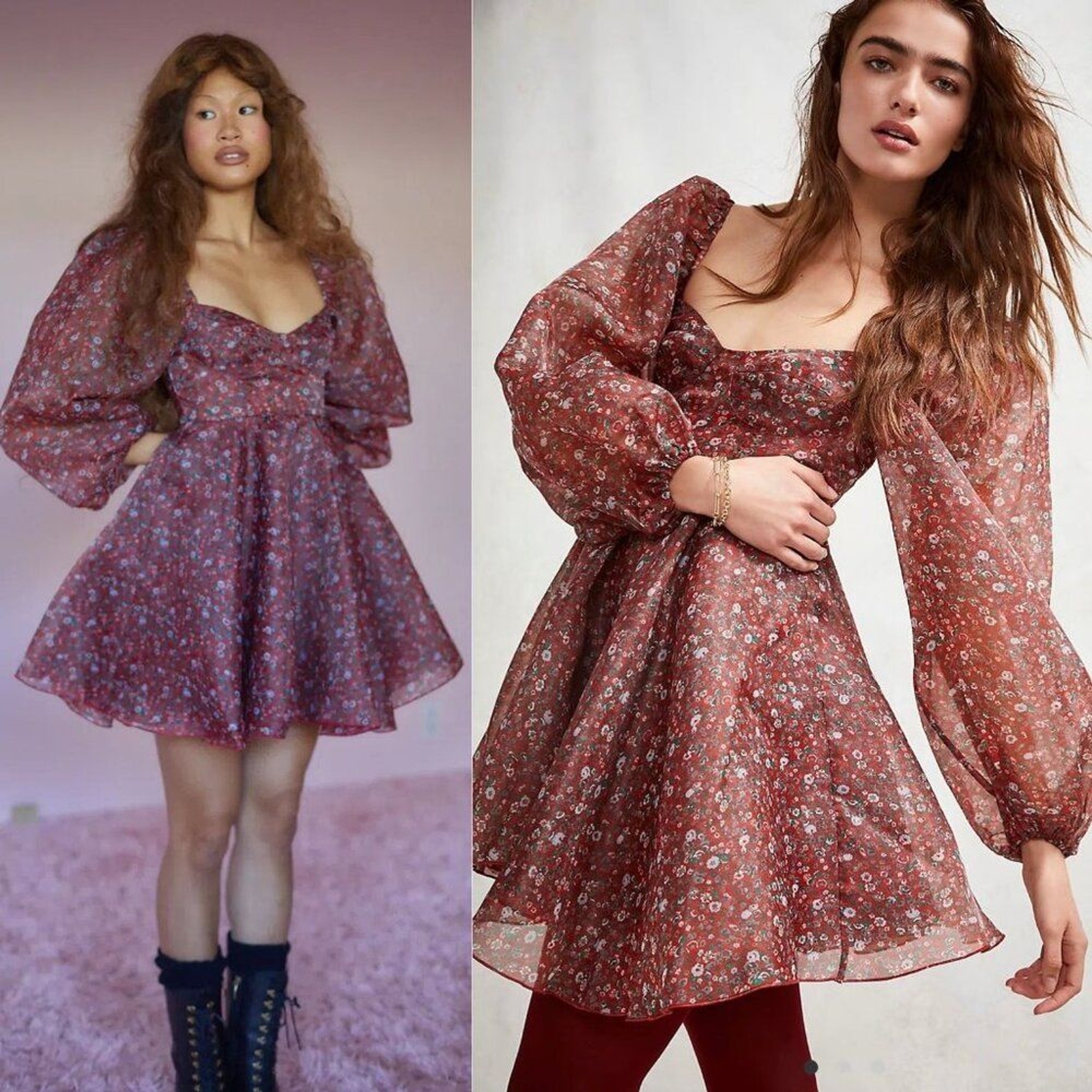Selkie Princess Crimson Darling Red Floral Puff Sleeve Organza Mini Dress Size S