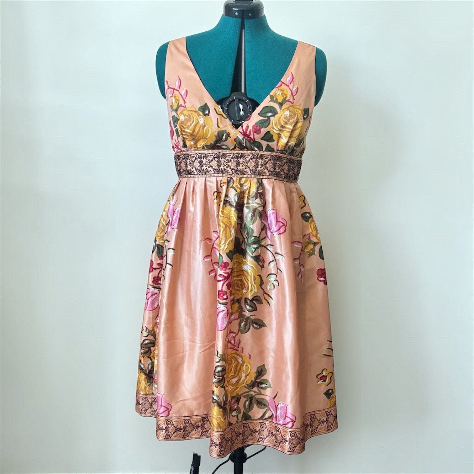 Forever Twenty One Peach Floral Satin Fit & Flare V-Neck Beaded Dress L