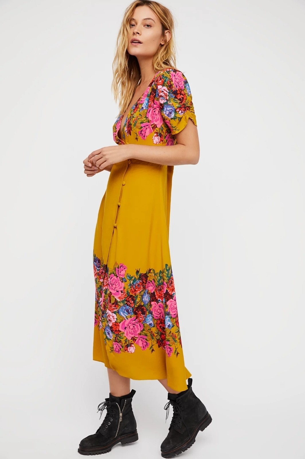 Free People Yellow Floral Midi Dress Size Small Boho V-Neck Button Front Rayon