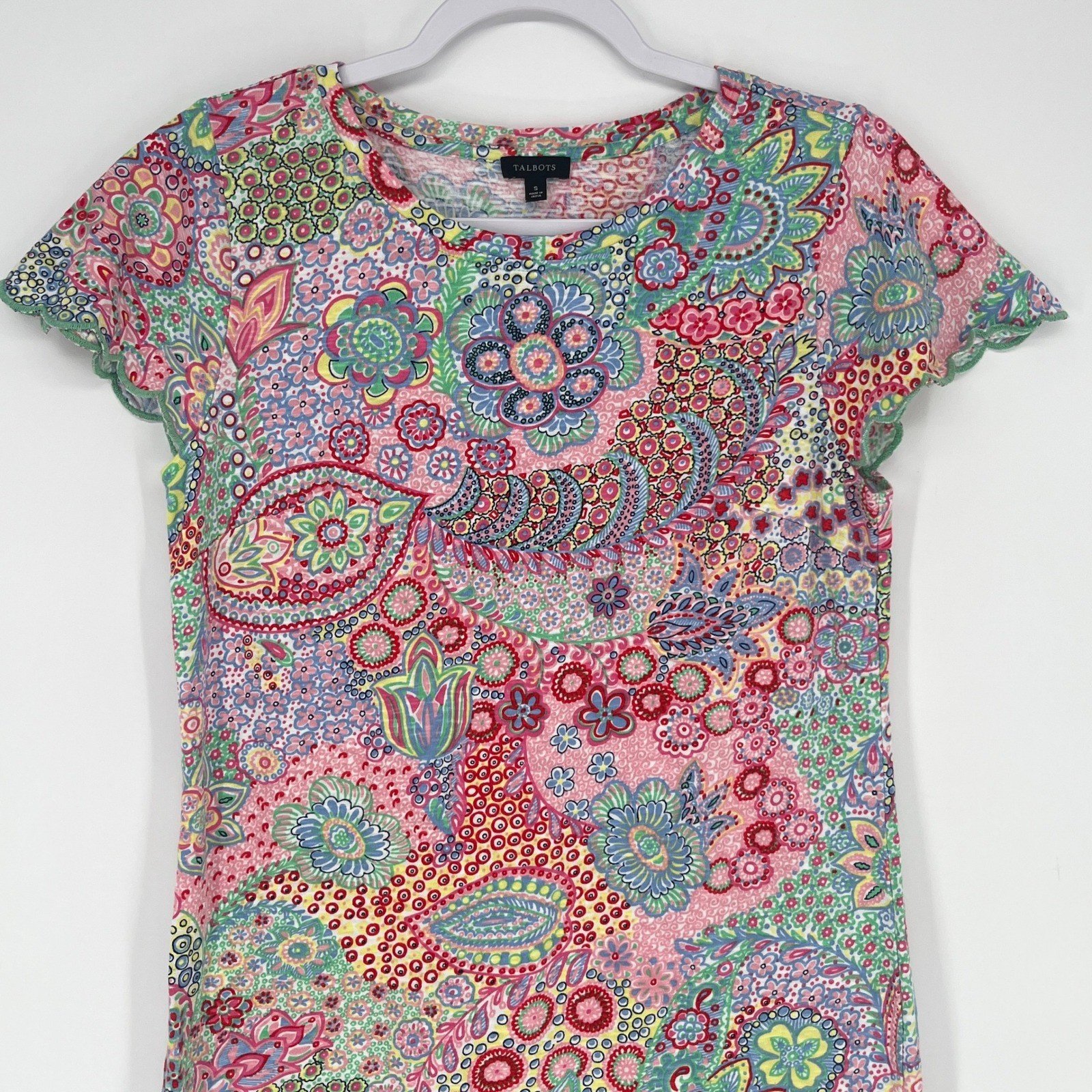 Talbots Paisley Floral Patchwork Boho Shift Dress Pink Cottagecore Scalloped S