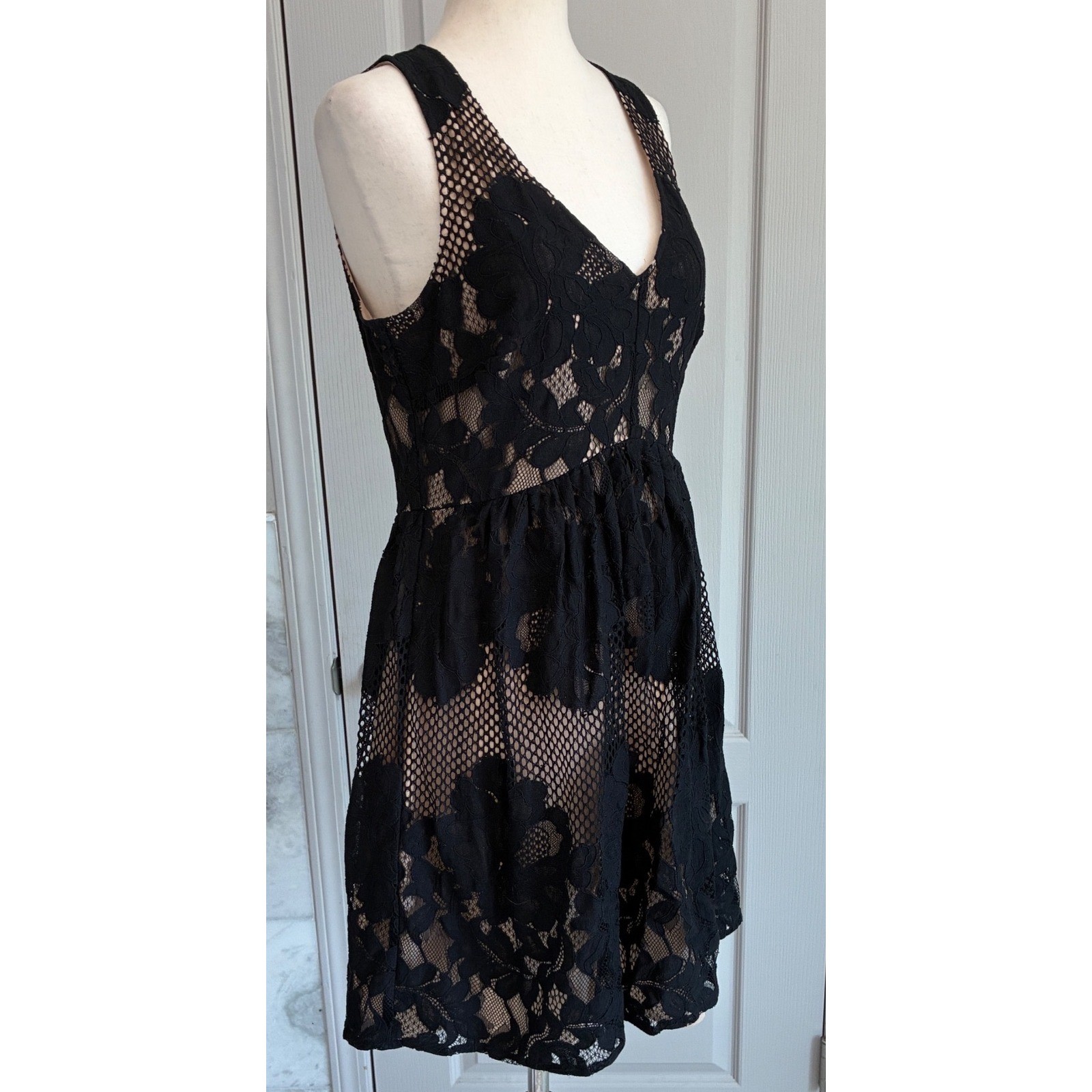 Ali & Jay Black Floral Lace Mesh V-Neck Fit & Flare Mini Dress Nude Lining M