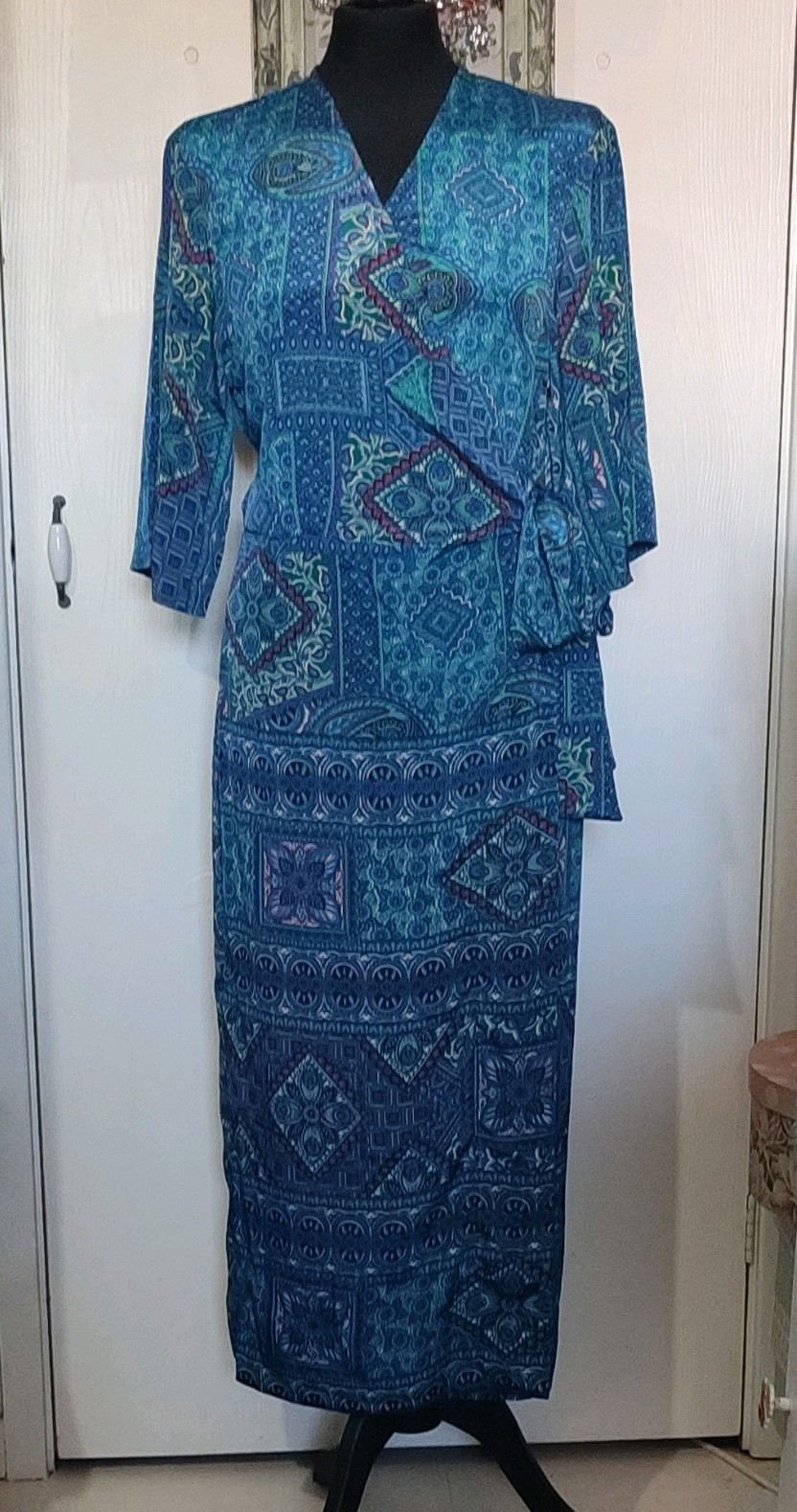 Gabrielle Parker Silk Blend Wrap Dress Blue Indian Silk Size M
