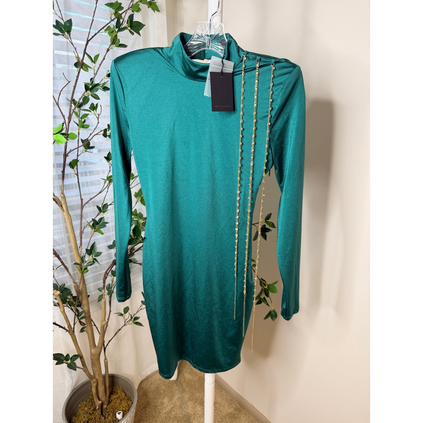 Michael Costello x REVOLVE Emerald Green Satin Open Back Chain Mini Dress Small