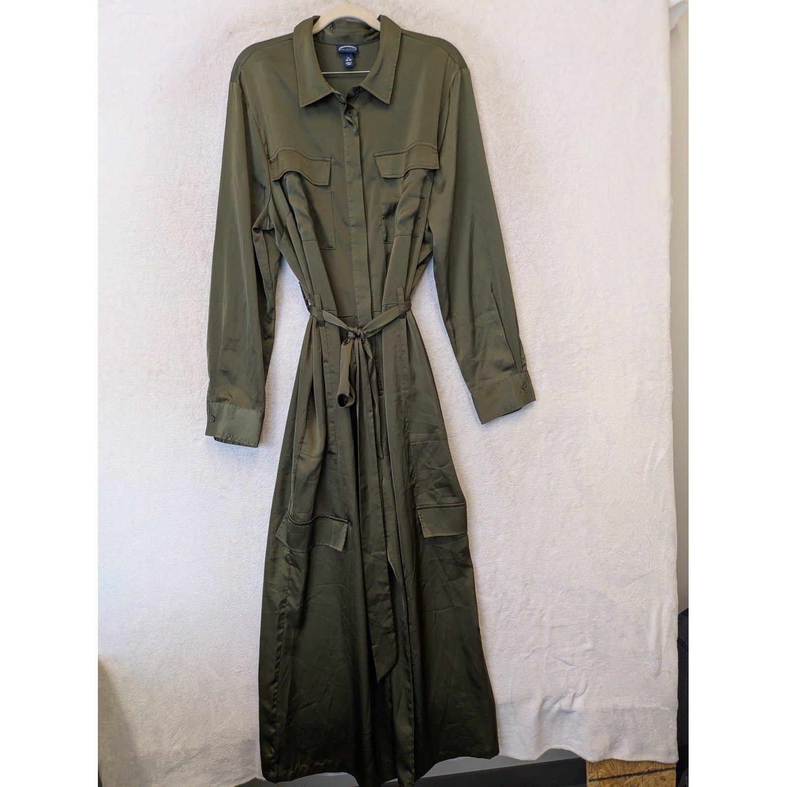 Scoop Utility Maxi Dress Women’s XL Olive Green Belted Satin Cargo Pockets