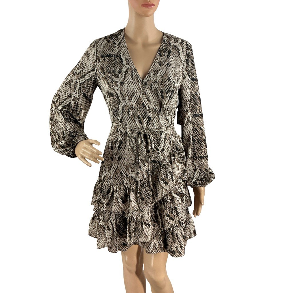 1.STATE Snakeskin Wrap Dress Ruffle Long Sleeve Birch Multi Size 4