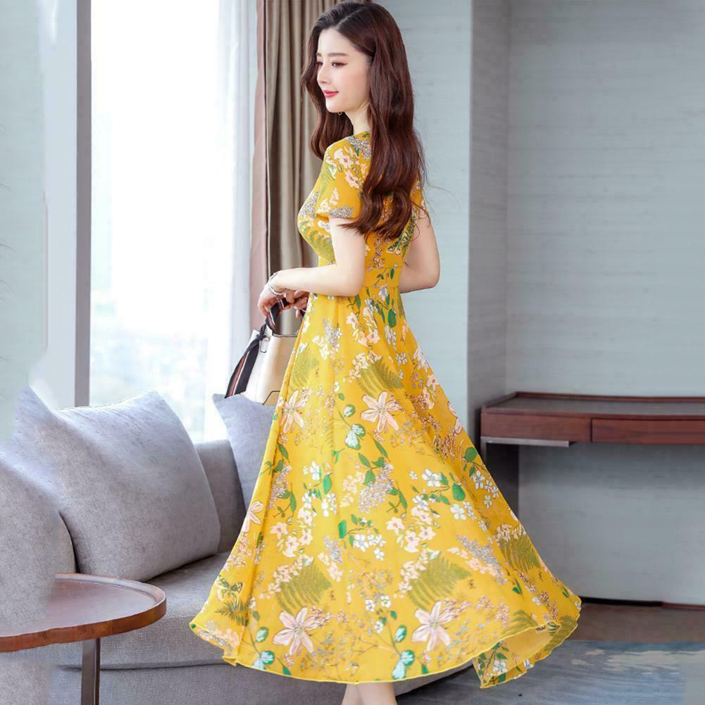 L-3XL Dresses Long Size Plus Print Floral Women Slim O-neck Sleeve Short Dress