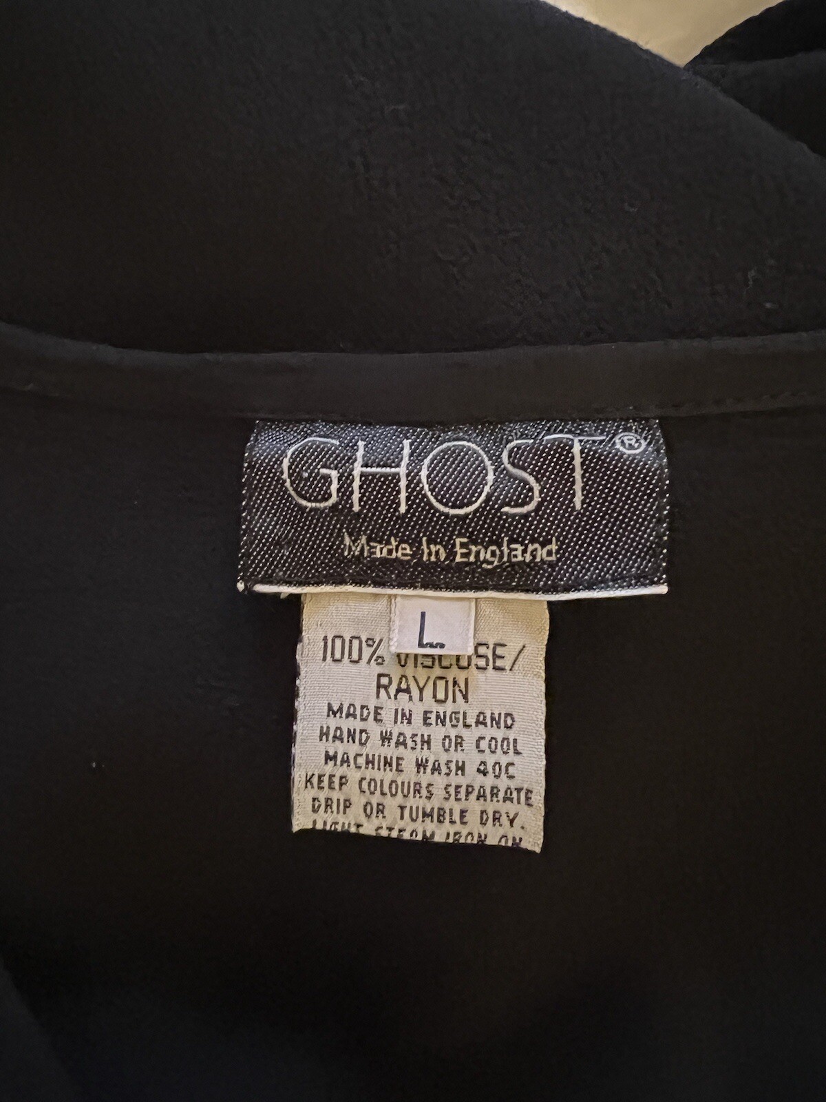 GHOST vintage black crepe long v-neck maxi dress Size L. c854