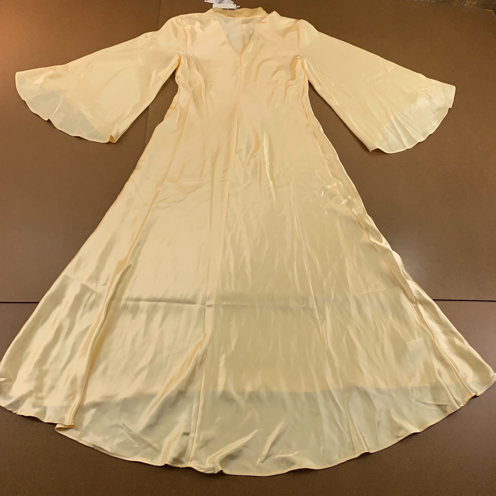 Mango Womens US 8 Pale Yellow Satin V-Neck Flared Sleeves Lined A-Line Dress NWT
