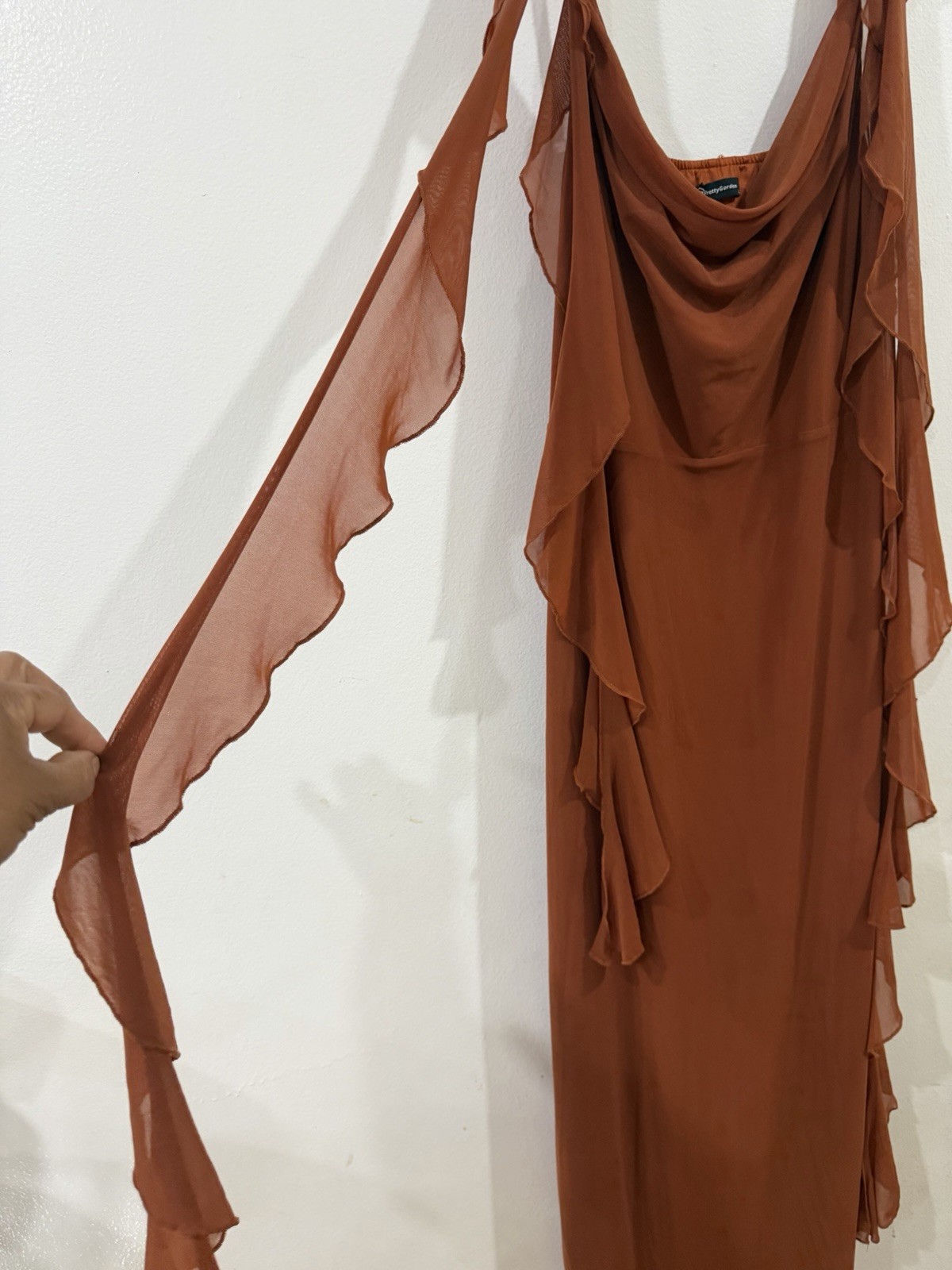 PrettyGarden Brown Solid Cowl Neck Ruffle Adjustable Strap Midi Dress Size L