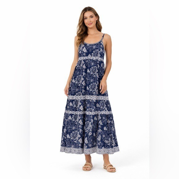 La Plague Palmetto Maxi-Floral Dot Dress Boho Sleeveless Sundress Size Large