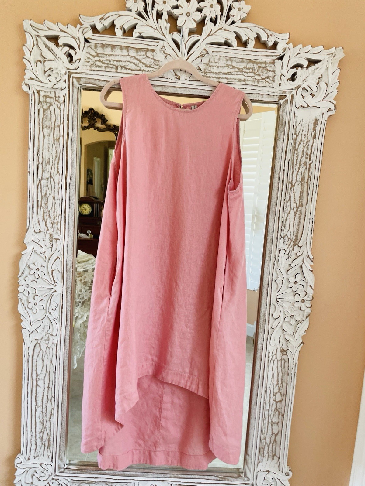 100% Linen Pink Sleeveless Side pockets High Low Casual Dress. X/L – XXL