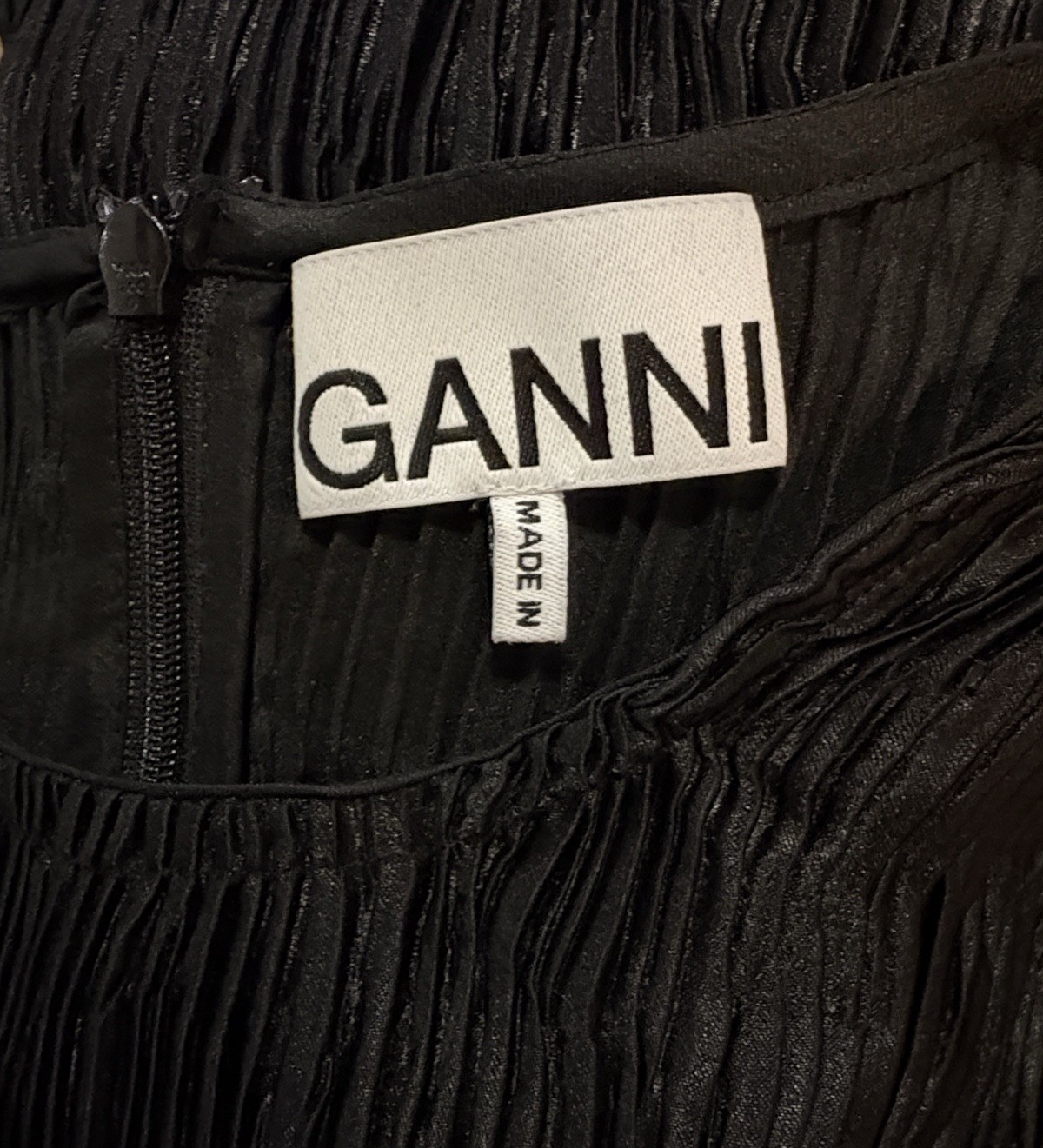 Ganni Pleated Satin Plisse Effect Mini Dress In Black SZ 38/M/US 6 EUC