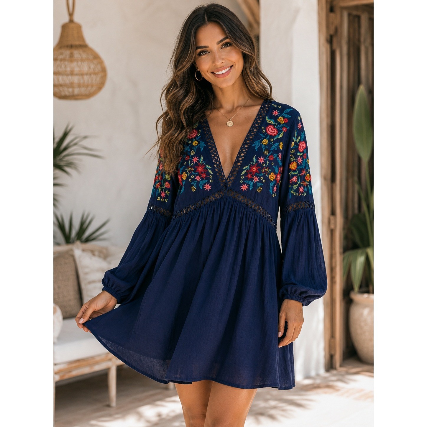 En Creme Navy Blue Floral Embroidered Boho Mini Dress V-Neck Long Sleeve Large