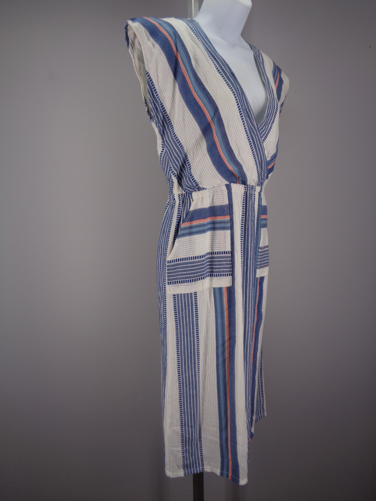 THML Stripe Pom Pom Tie Neck Dress Size Small White Blue Coral