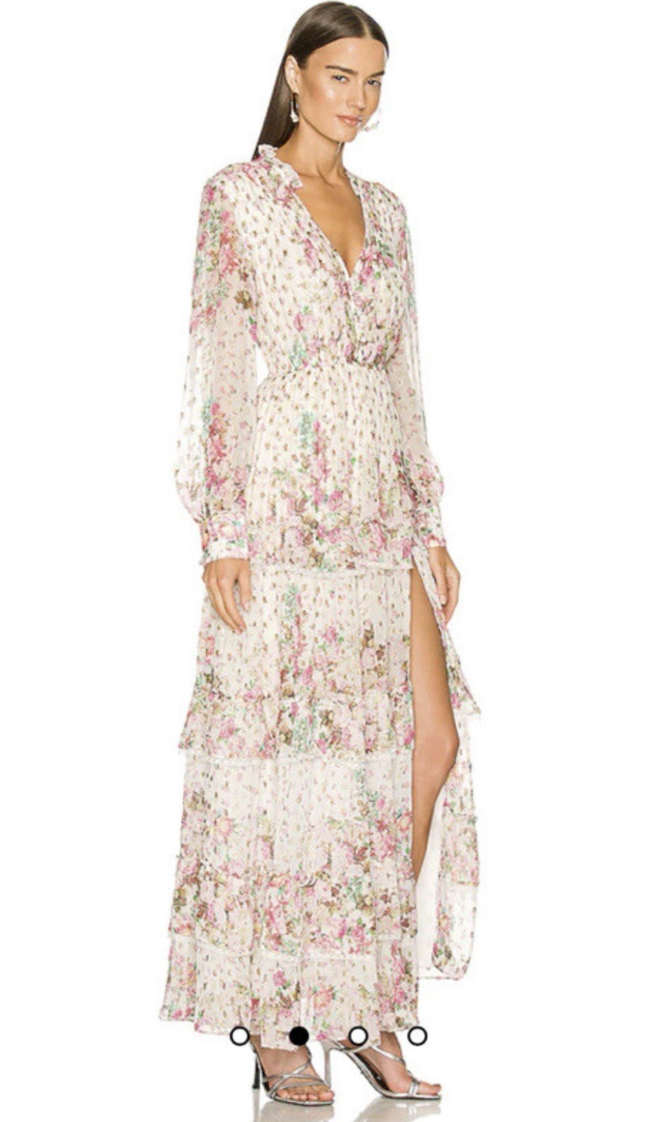 ROCOCO SAND Ivory Floral Maxi Dress V-Neck Long Sleeve Ruffle Button M