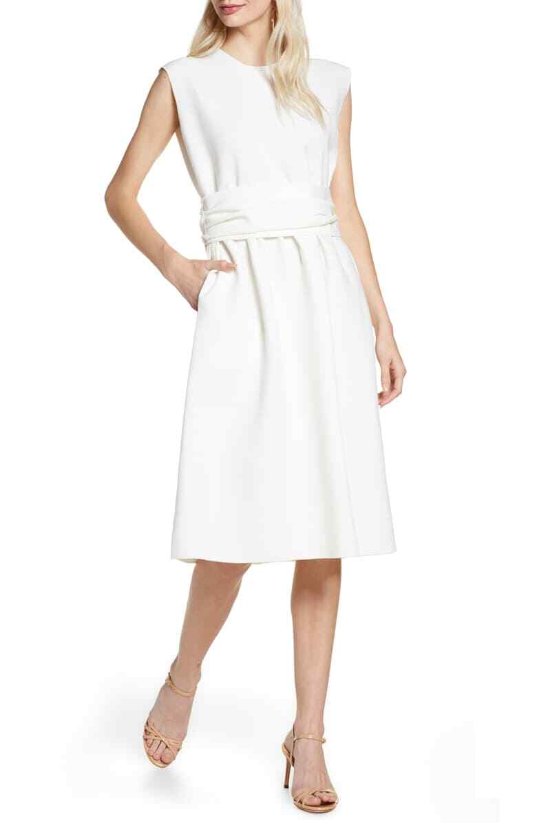CAARA White Belted Wrap Inspired Side Pocket Crepe Shift Dress M = 6/8 Nordstrom