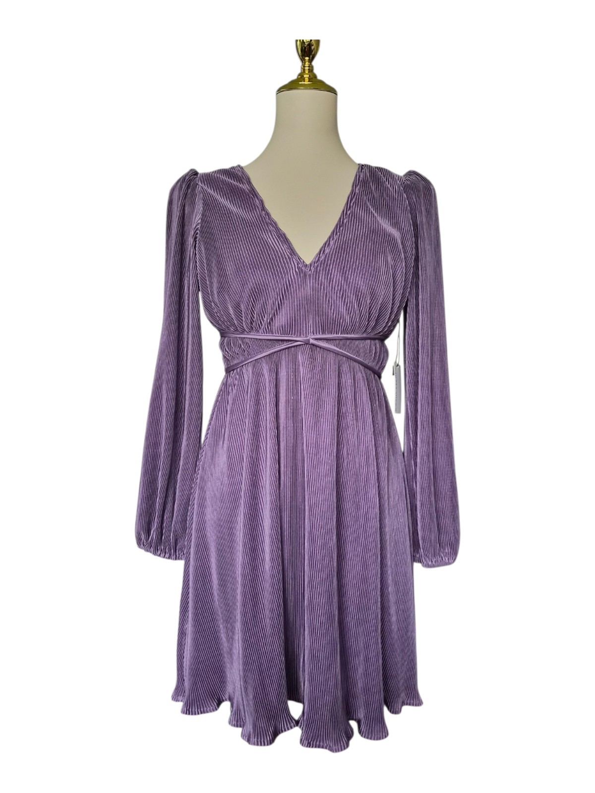 Floret Studios Purple Pleated Mini Dress Long Sleeve Empire Waist Flowy M Nwt
