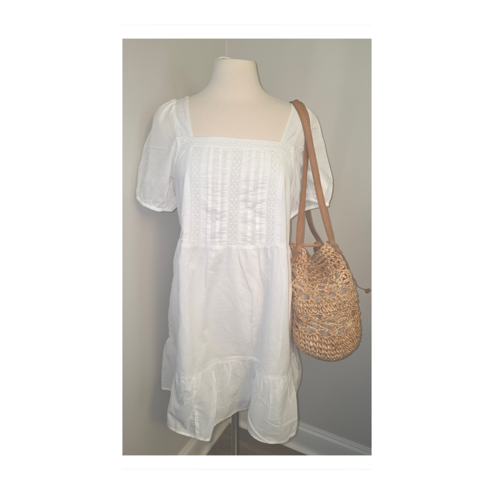 LOFT Petites White Cottagecore Boho Square Neck Tiered Dress Women’s Size LP