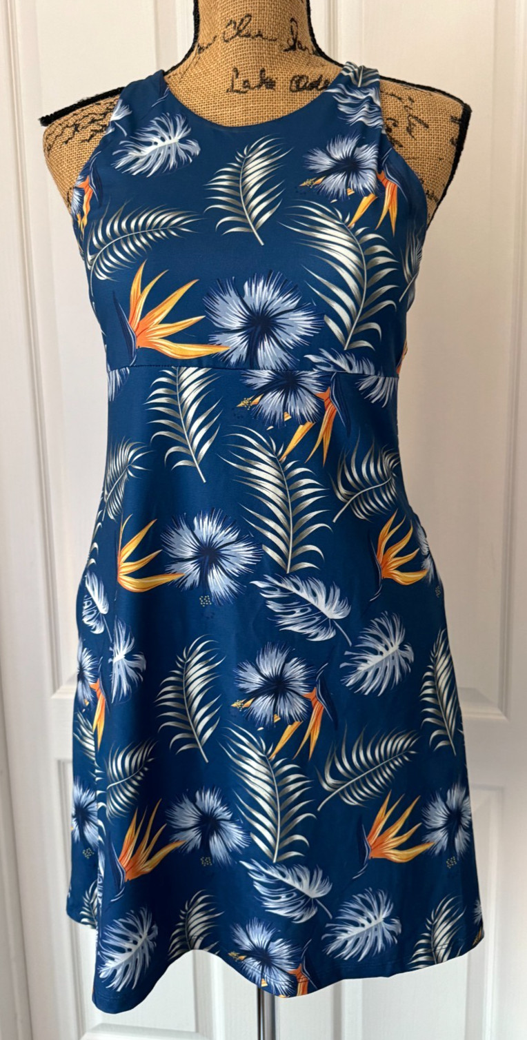 Kyodan Freedom Trail Tank Dress Bra Shelf Racerback Tennis Golf Blue Floral M