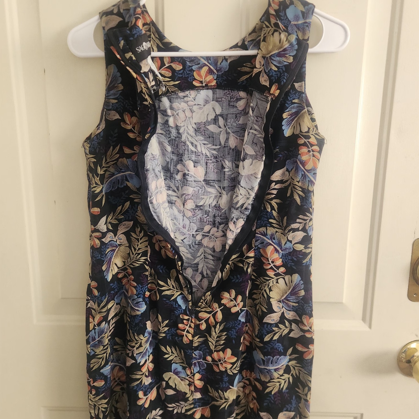 Sag Harbor Dress Womens Small Navy Blue Plant Leave Pattern Folliage Sleeveless