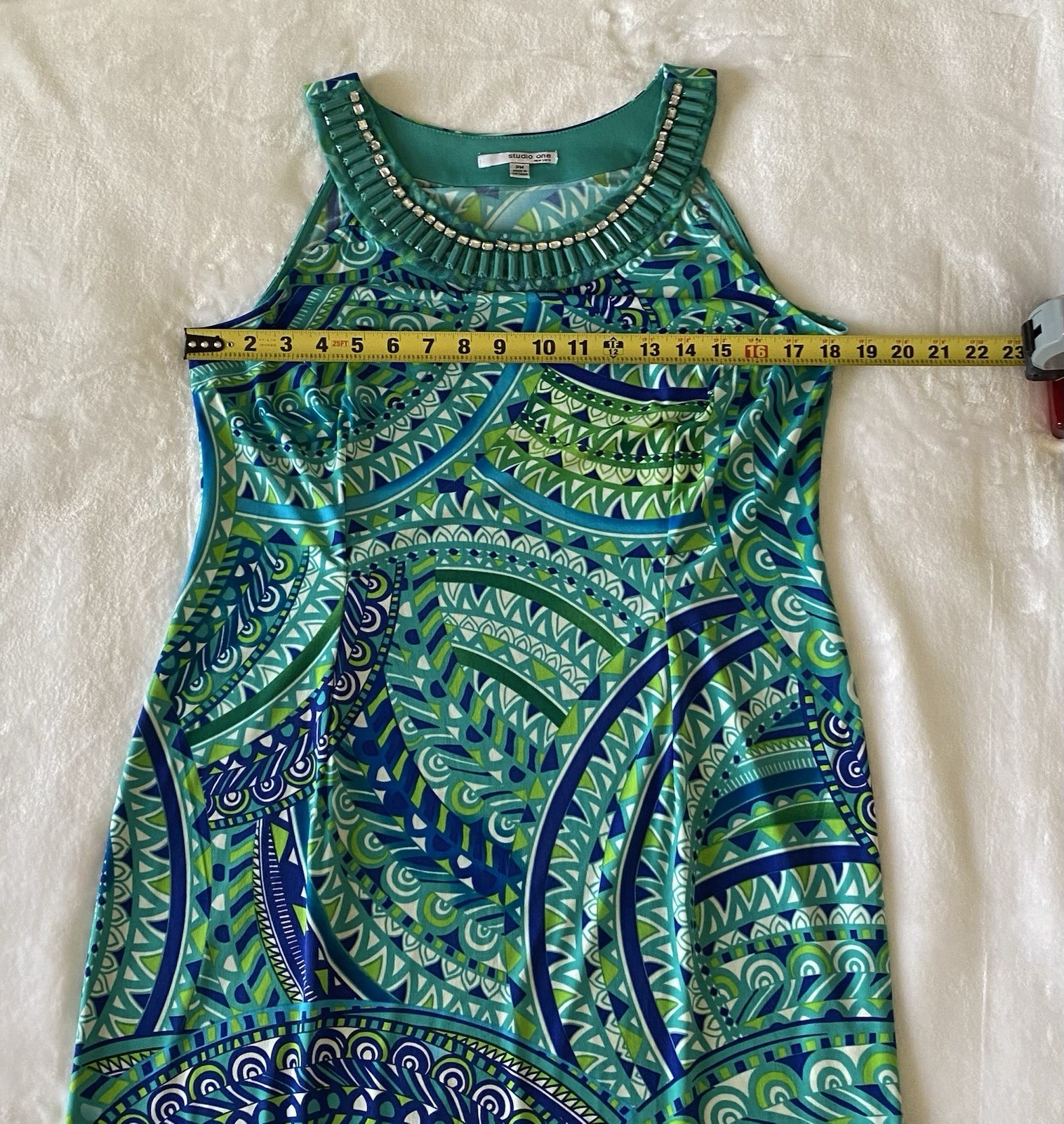 Studio One New York Women’s Petites PM Blue/Green Geometric Shift Knee Dress