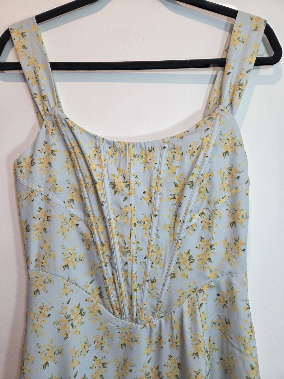 UNBRANDED Size L Blue/Yellow Floral Square Neck Corset Back Lace Up Midi Dress