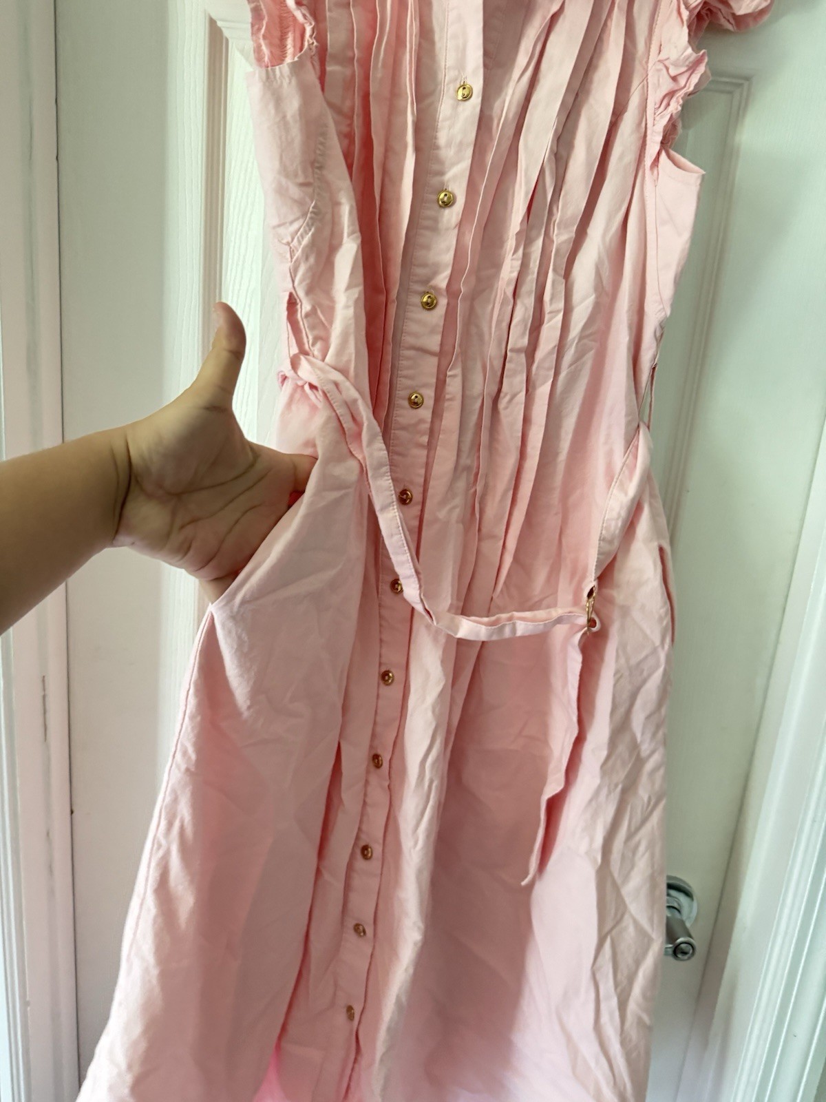 ZESICA Women’s Pink Collared Button Front Shirt Dress Midi Belted Pockets S -M