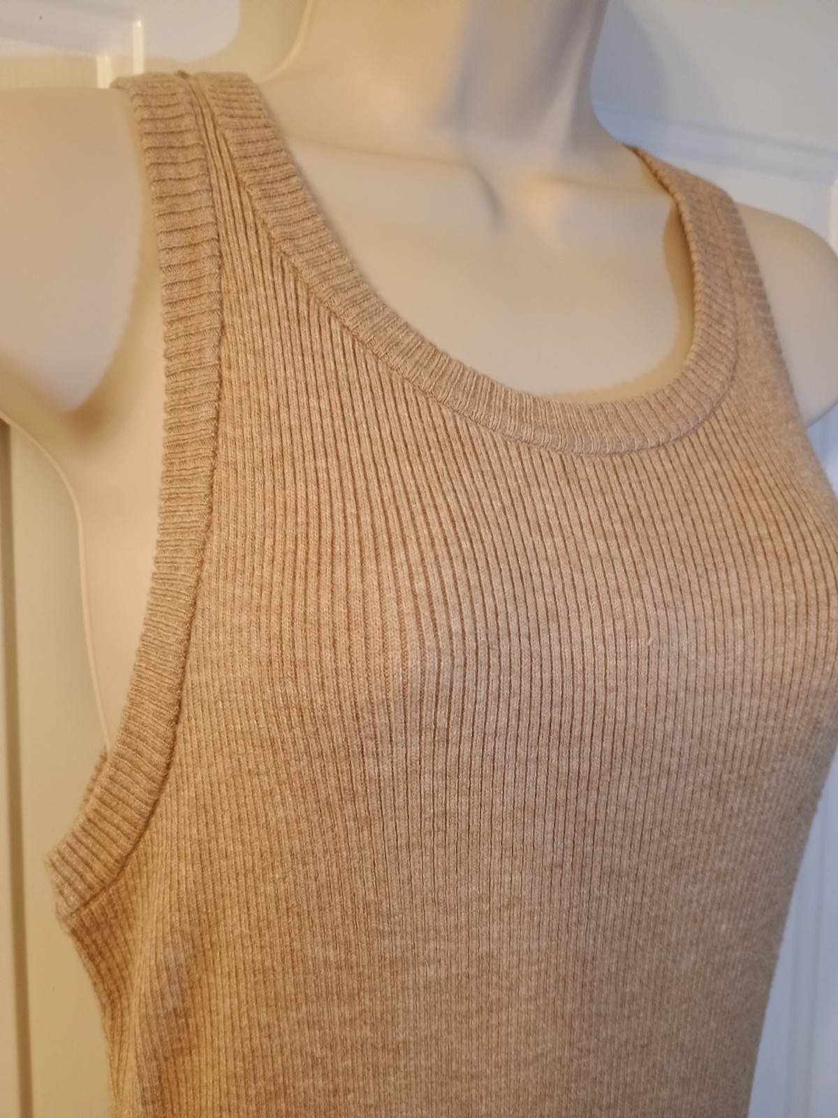 Rachel Zoe Ribbed Knit Rayon Nylon Poly Blend Beige Tank Bodycon Dress sz L