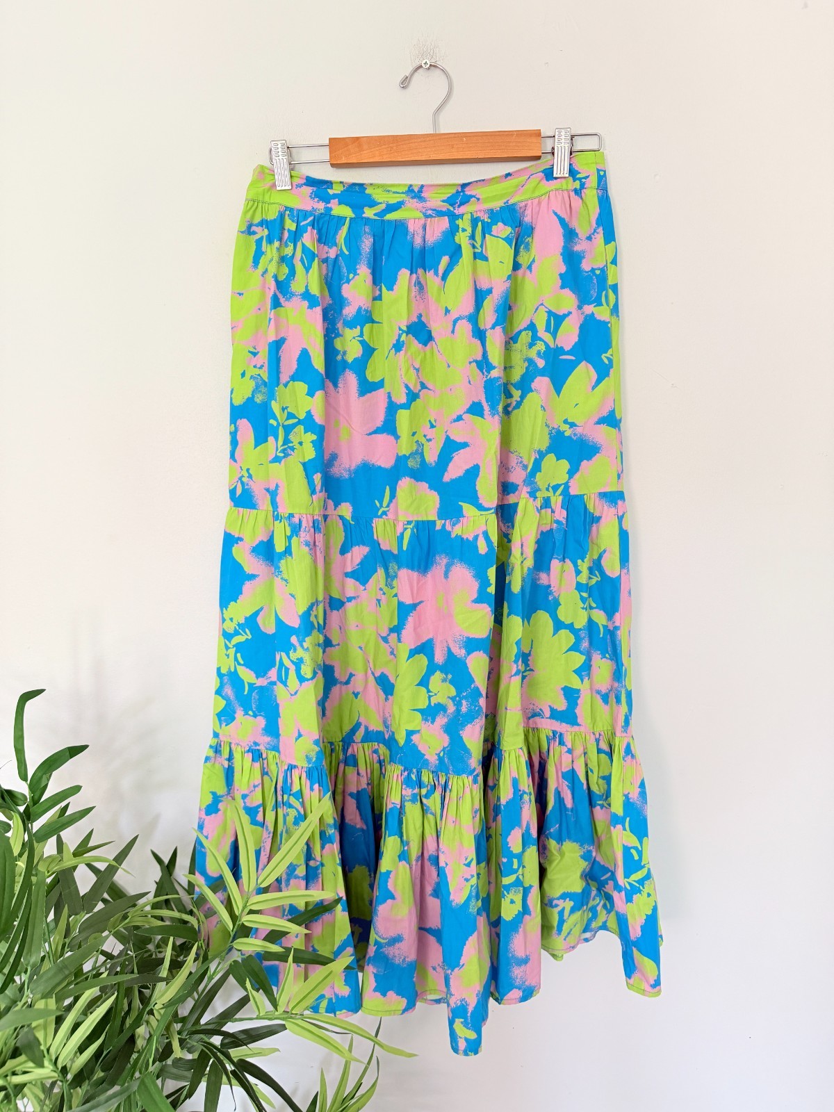 Oliver Bonas Skirt Womens UK 12 Cotton Tiered Maxi Floral Blue Pink Green Summer